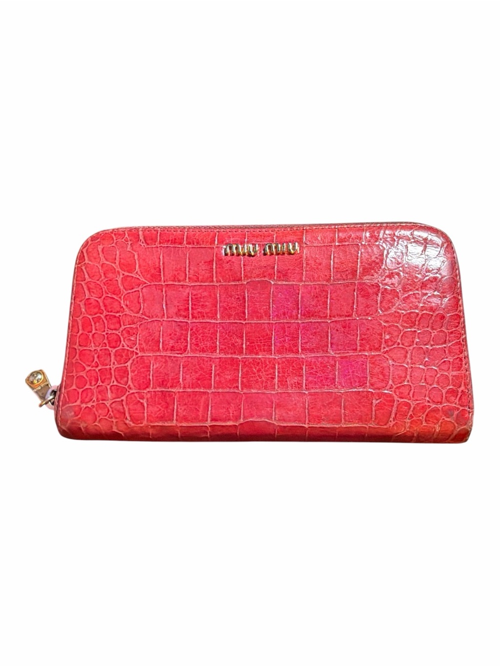 Miu Miu Red Croc Embossed Patent Leather Zip Around Long Wallet